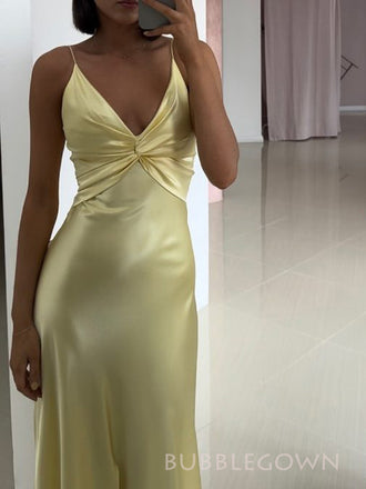 Simple Yellow Satin V-neck Long Prom Dresses, BGS0502