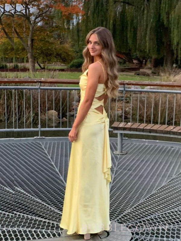 Simple Yellow Satin V-neck Long Prom Dresses, BGS0502