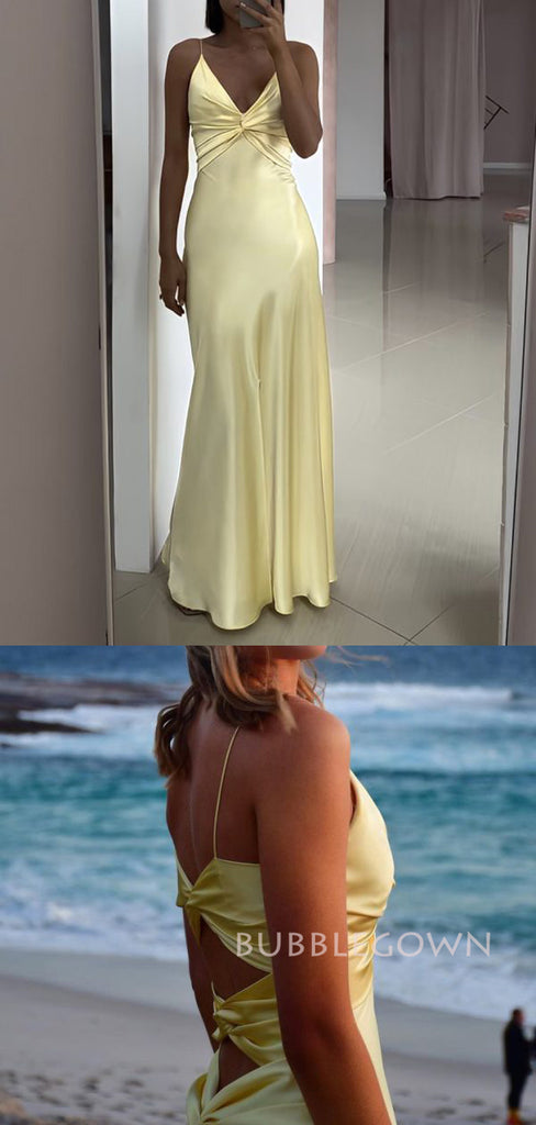 Simple Yellow Satin V-neck Long Prom Dresses, BGS0502