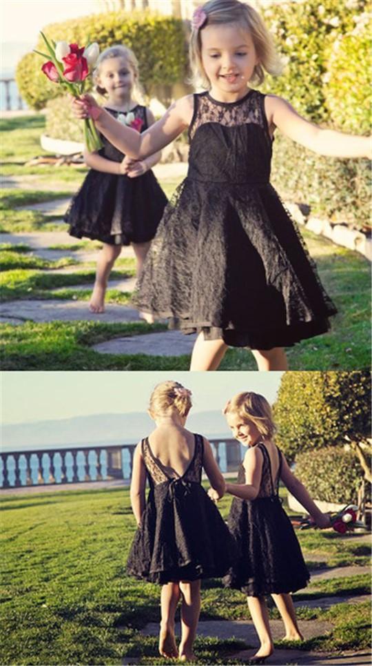 Round Neck Illusion Black Lace Cute V-back Flower Girl Dresses, Little Girl Birthday Dress, FG013