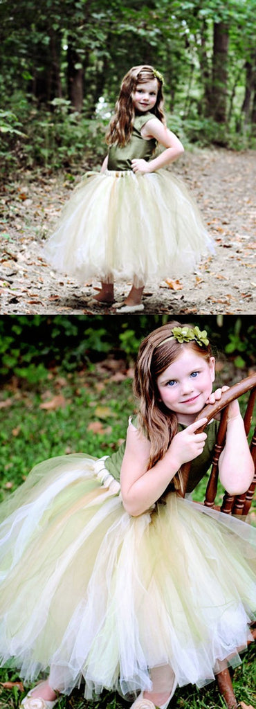 Green Satin Top Tulle Flower Girl Dresses, Cheap Popular Pixie Tutu Dresses,  FG023 - Wish Gown