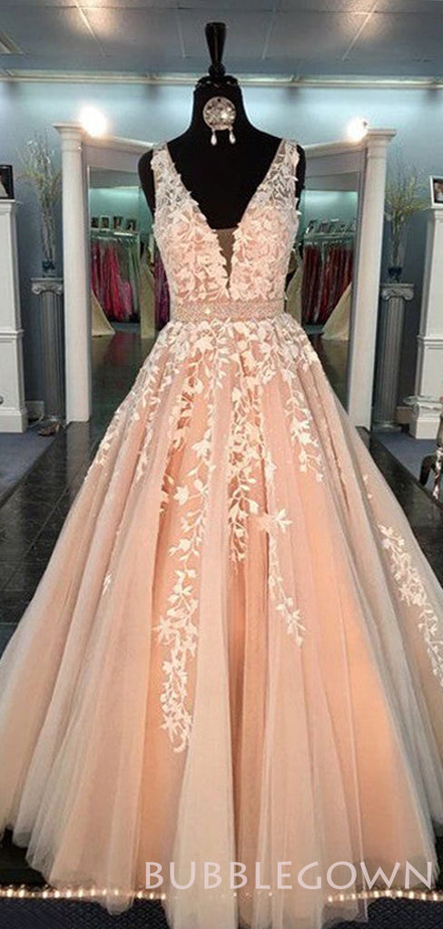 Affordable Peach V Neck Applique Long Cheap Prom Dress, BG51486