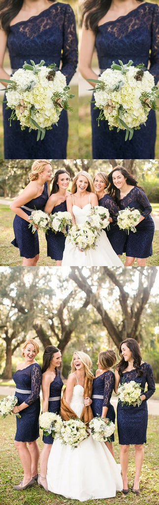 One Shoulder Long Sleeve Lace Navy Blue Short Bridesmaid Dresses, BG51265