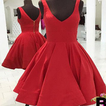 Red Simple V Neck Cheap Homecoming Dresses, BG51450