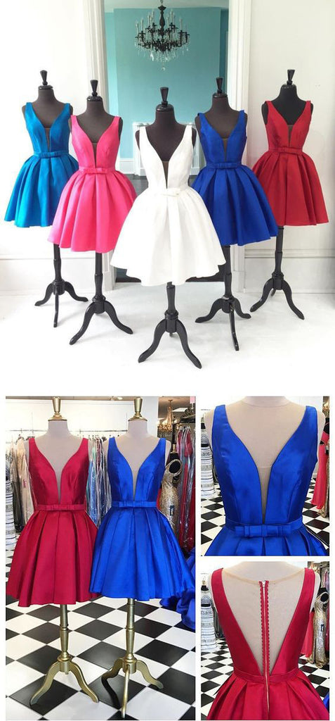 Deep V Neck Seen Through Back Red Blue Simple Homecoming Dresses, BG51482 - Bubble Gown