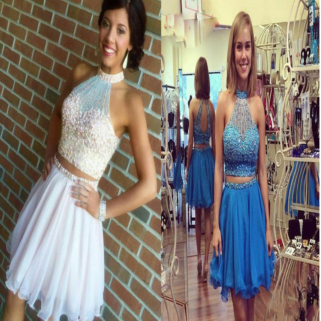 Two Pieces Halter Blue White Short Beading Homecoming Dresses, BG51422