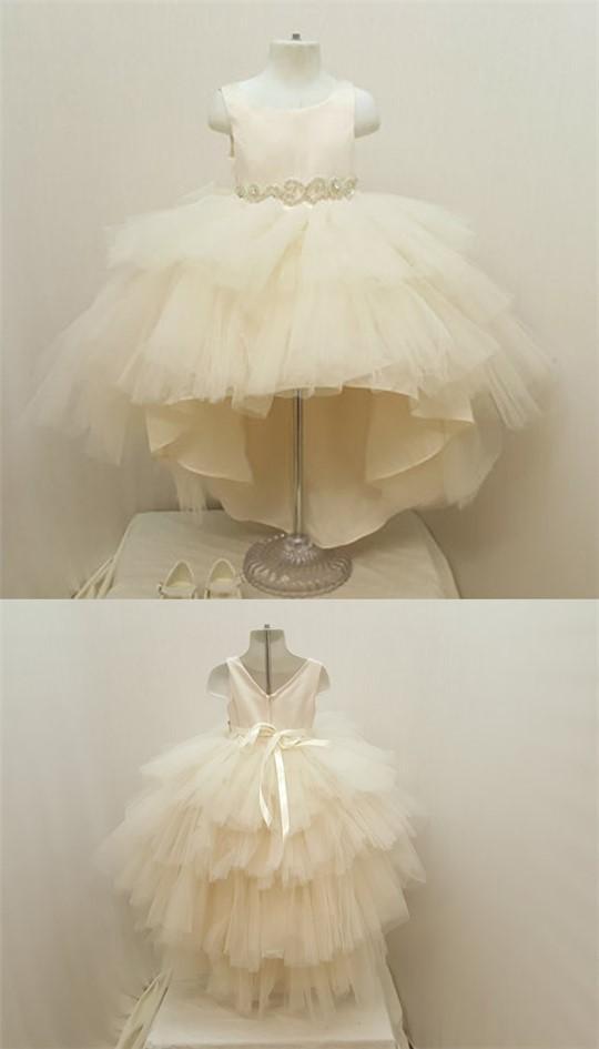 Ivory Satin Top Rhinestone Belt Hi-low Tulle Flower Girl Dresses,  Cheap Little Girl Dresses, FG028