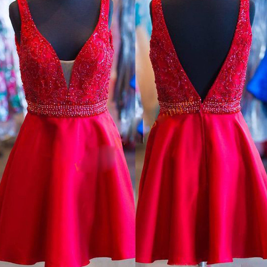 Red V Neck Cute Teenager V Back Short Homecoming Dresses, BG51438