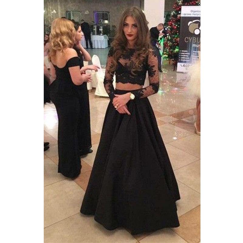 Black Two Pieces Long Sleeves Sexy Long Prom Dress, BG51492 - Bubble Gown