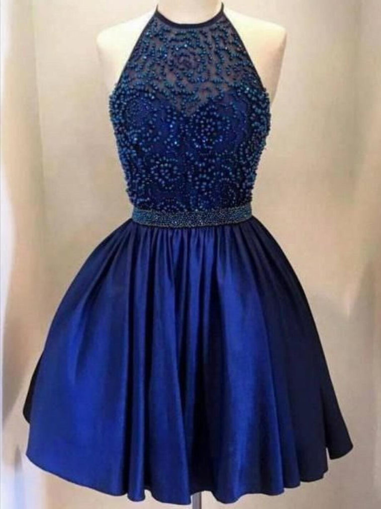 Halter Royal Blue Beaded Open Back Short Homecoming Dresses, BG51442 - Bubble Gown