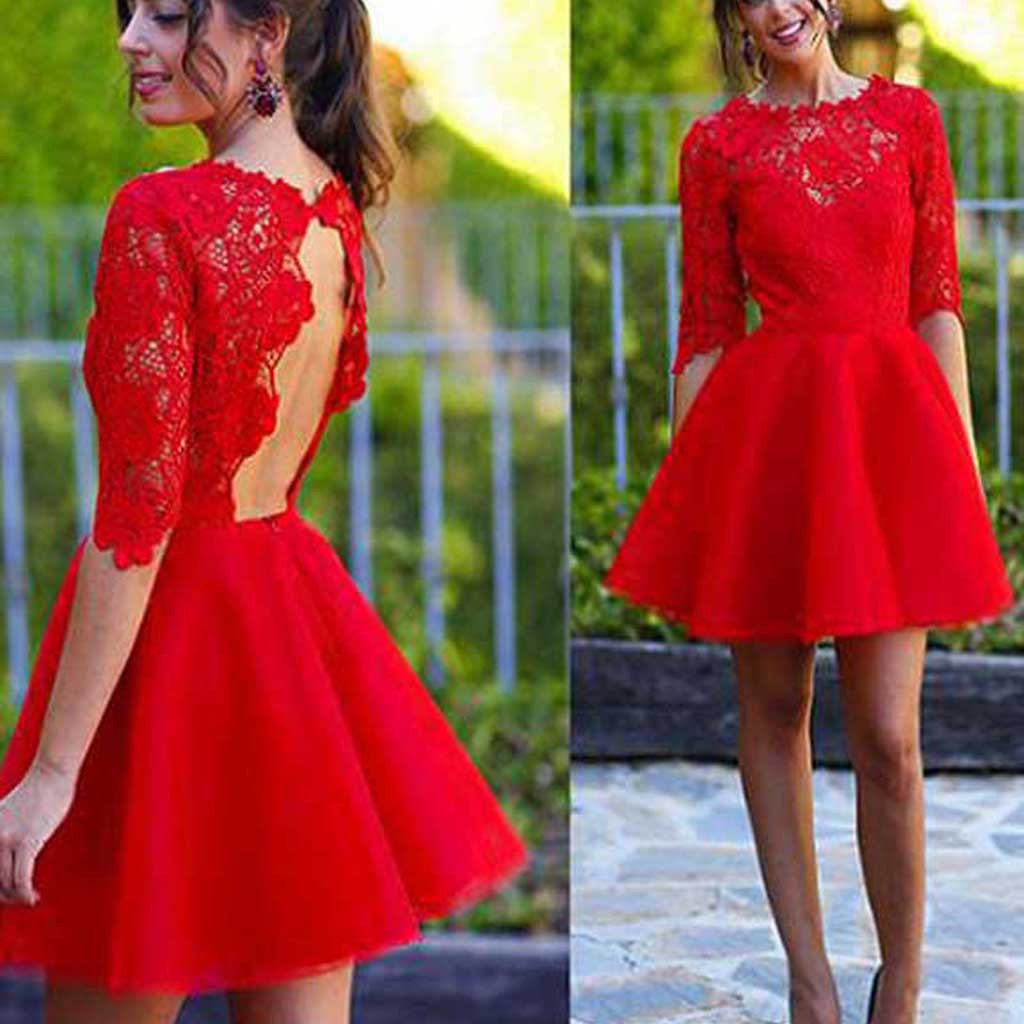 Red Half Sleeve Lace Open Back Homecoming Dresses, BG51448