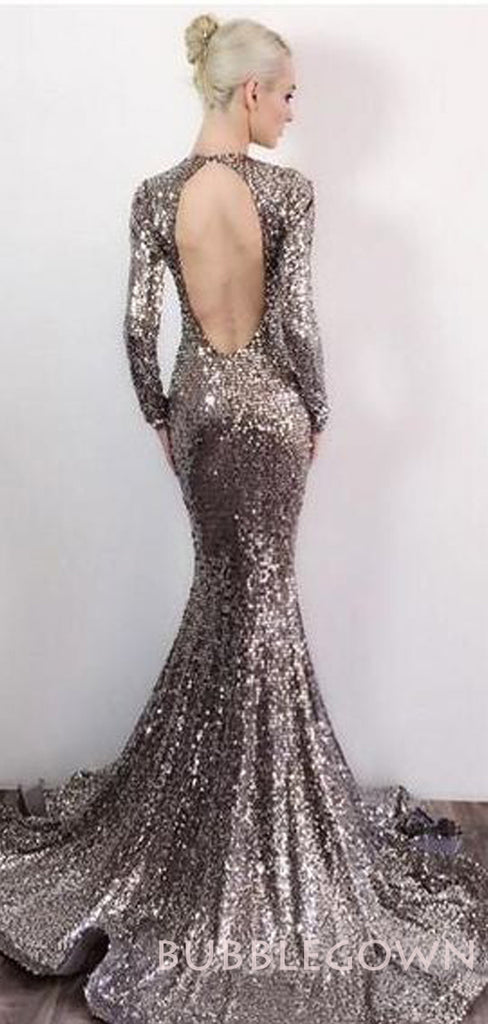 Open Back Long Sleeves Sequin Sexy Sparkle Mermaid Long Prom Dresses, BG51570