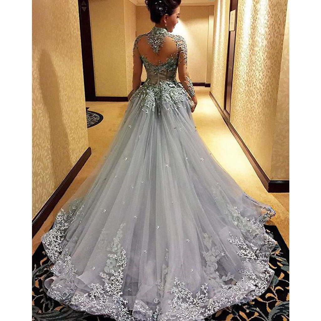 Charming High Neck Long Sleeve Grey Long Prom Dresses, BG51098 - Bubble Gown