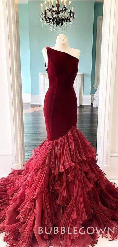 One Shoulder Mermaid Tulle Velvet Long Prom Dresses GDW111