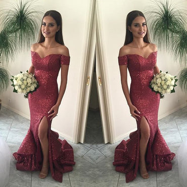 Off Shoulder Sequin Mermaid Side Slit Cheap Long Prom Dresses, BG51214