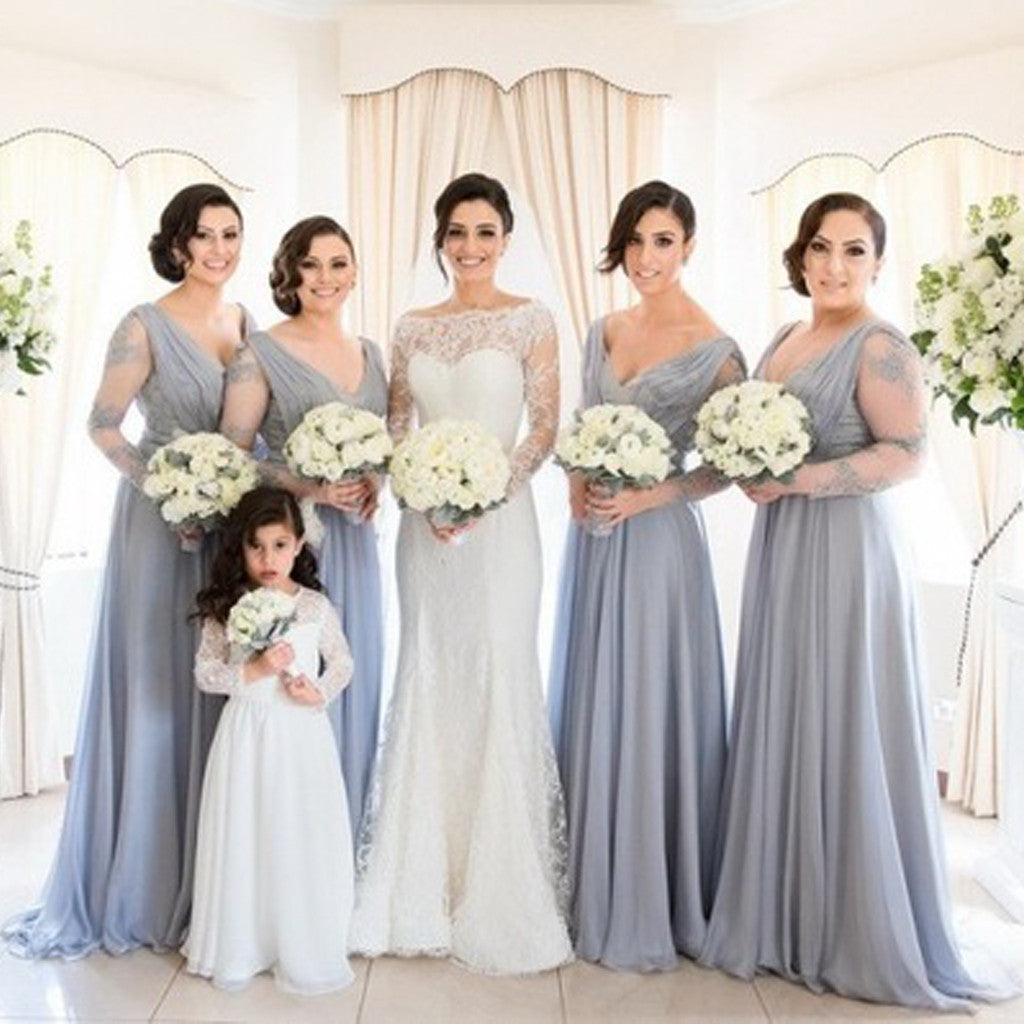 See Through Long Sleeves V Neck Long Cheap Bridesmaid Dresses, BG51078