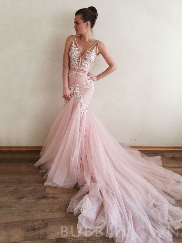 Pink V Neck Applique Tulle V Back Mermaid Inexpensive Long Prom Dress, BGP065