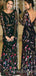 Black Long Sleeves V Back Gorgeous Embroidery Long Evening Prom Dress, BGP047