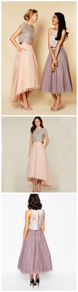 Two Pieces Cap Sleeve Sequin Top Organza Long Bridesmaid Dresses, BG51362