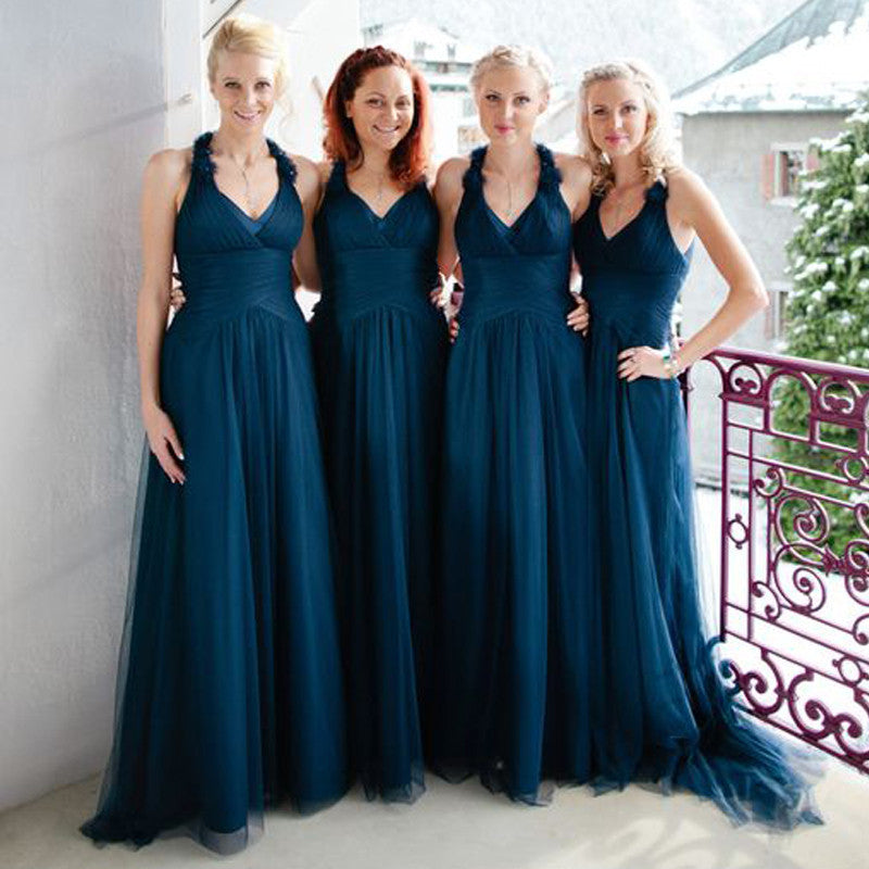 Halter Dark Teal Tulle On Sale Long Bridesmaid Dresses, BG51278 - Bubble Gown