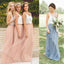 Cheap Junior Scoop Neck White Blush Pink Tulle Long Bridesmaid Dresses, BG51344