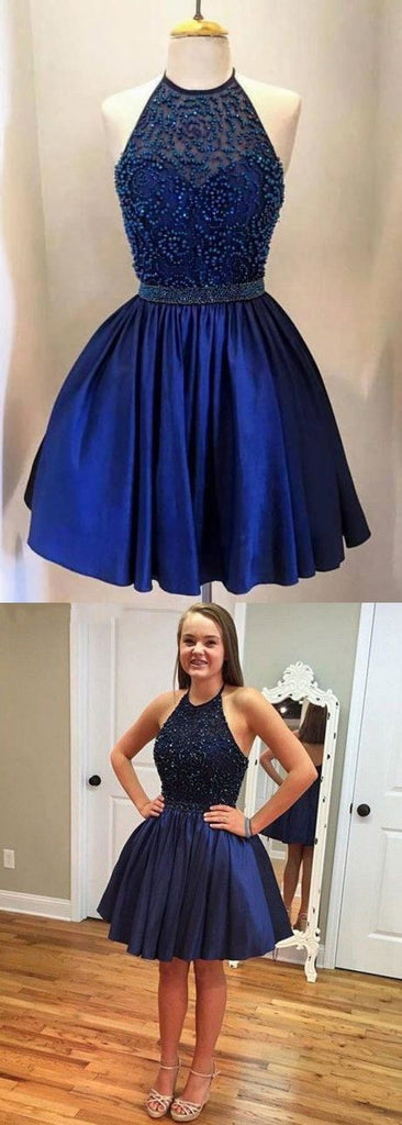 Halter Royal Blue Beaded Open Back Short Homecoming Dresses, BG51442 - Bubble Gown