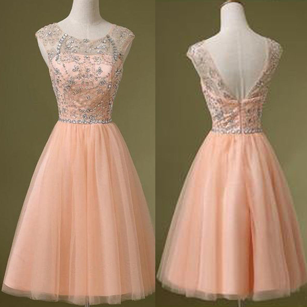 Peach Tulle Beaded Short Cute Graduation Homecoming Dresses, BG51489