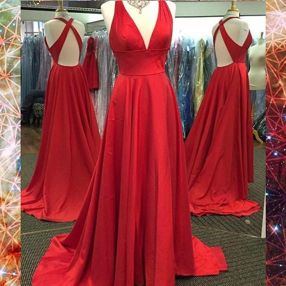 Red V Neck Cross Back Simple Cheap Long Prom Dresses, BG51509