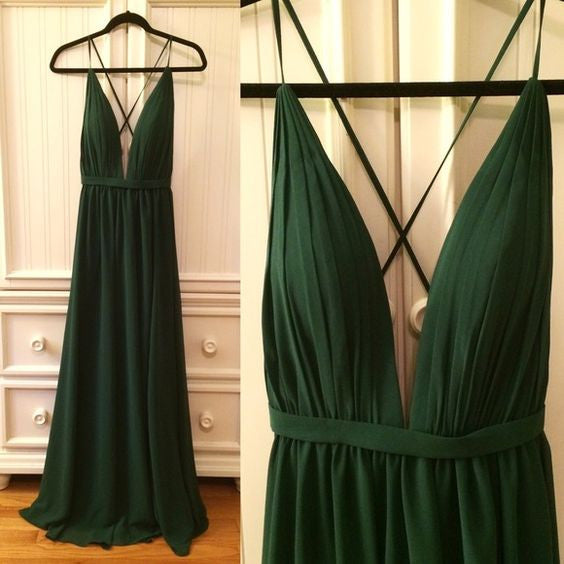 Sexy Green Deep V Neck Simple Backless Long Prom Beach Dresses, BG51510