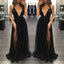 Black Deep V Neck Sexy Simple Side Split Long Party Prom Dresses, BG51514 - Bubble Gown