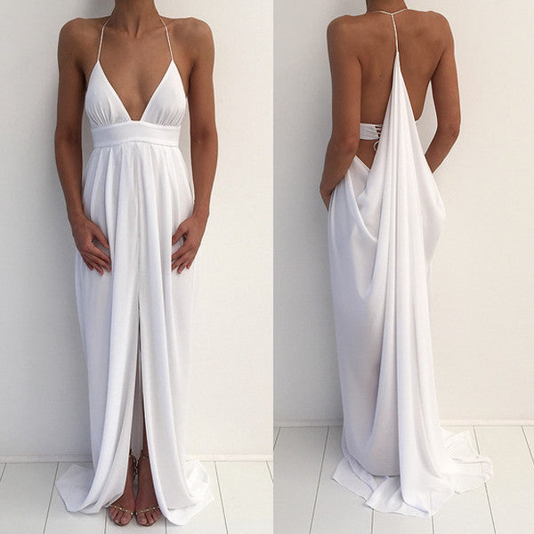 Beach Sexy Halter Unique Split White Cheap Simple Long Prom Dresses, BG51539 - Bubble Gown