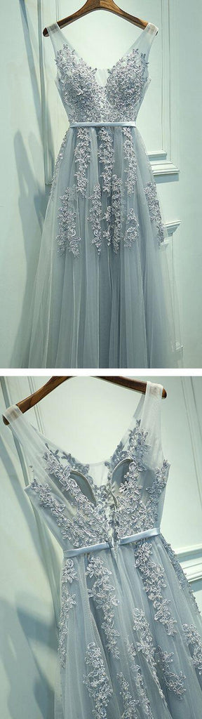 Popular Charming Applique Tulle Long Cheap Prom Dresses, BG51541