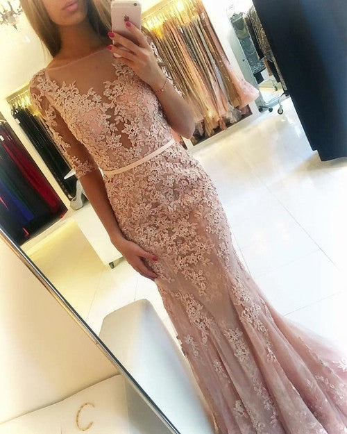 Champagne Mermaid Half Sleeves Applique Sexy Long Prom Dresses, BG51543 - Bubble Gown