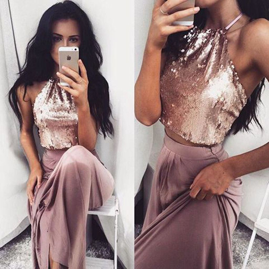 2 Pieces Sequin Top Halter Cheap Long Beach Prom Dresses, BG51552 - Bubble Gown