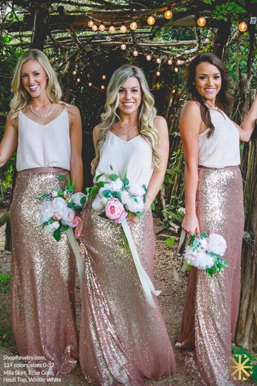 White Top Rose Gold Seuin Long Wedding Bridesmaid Dresses, BG51556