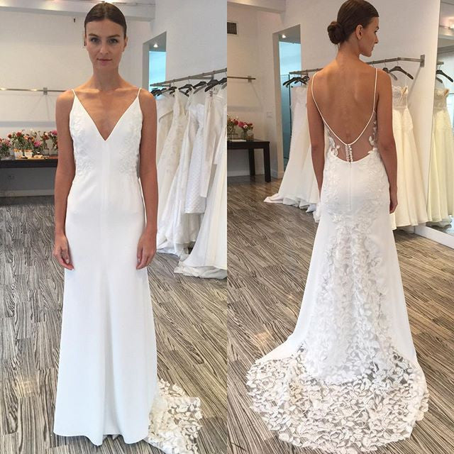 Unique Lace Open Back V Neck Affordable Online Long Wedding Dresses, BG51572