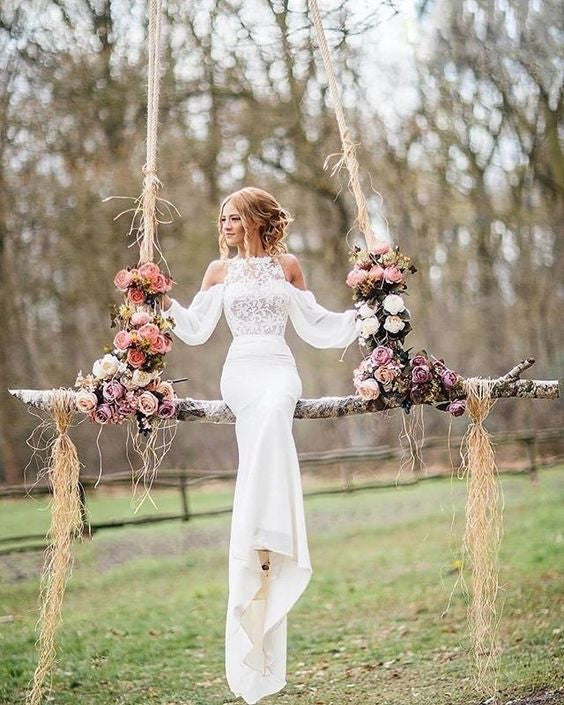 Affordable Unique Design Lace Top Long Sleeves Mermaid Long Wedding Dress, BG51581 - Bubble Gown