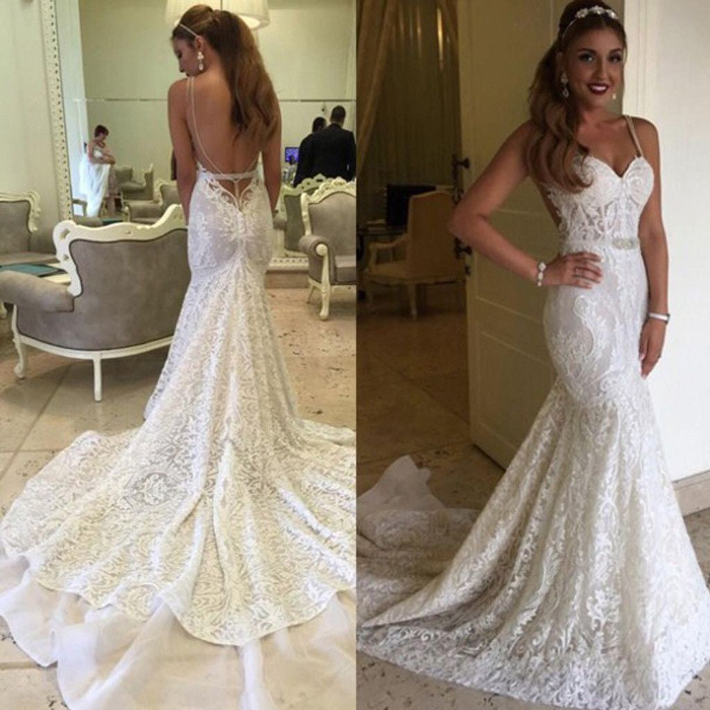 Charming Open Back Sexy Unique Lace Long Wedding Dresses, BG51590 - Bubble Gown