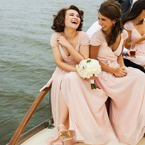 Cap Sleeves Chiffon Formal Side Slit Cheap Long Bridesmaid Dresses, BG51606 - Bubble Gown