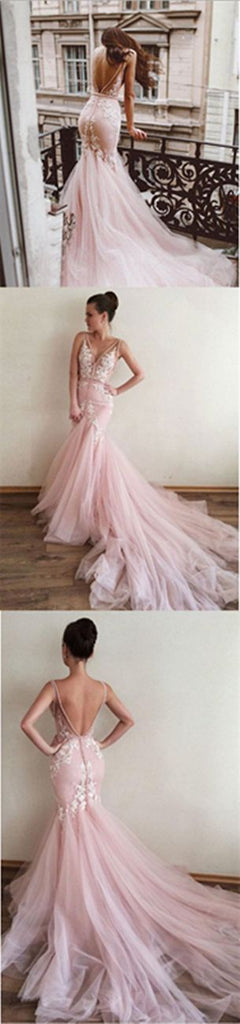 Pink V Neck Applique Tulle V Back Mermaid Inexpensive Long Prom Dress, BGP065