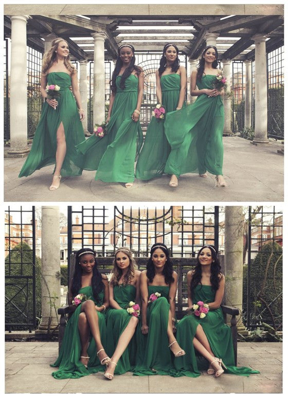 Side Split Straight Neckline Green Chiffon Long Wedding Guest Dresses, BG51335