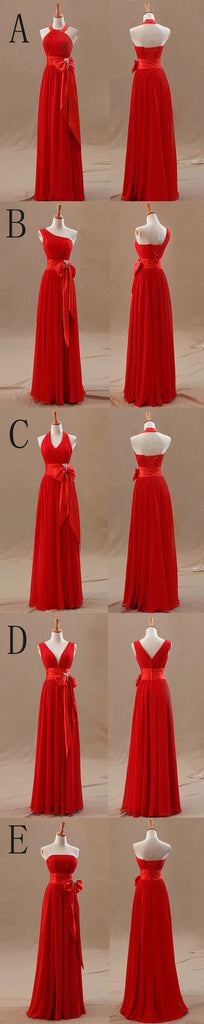 A Line Mismatched Junior Red Long Bridesmaid Dresses with Bow, BG51283 - Bubble Gown