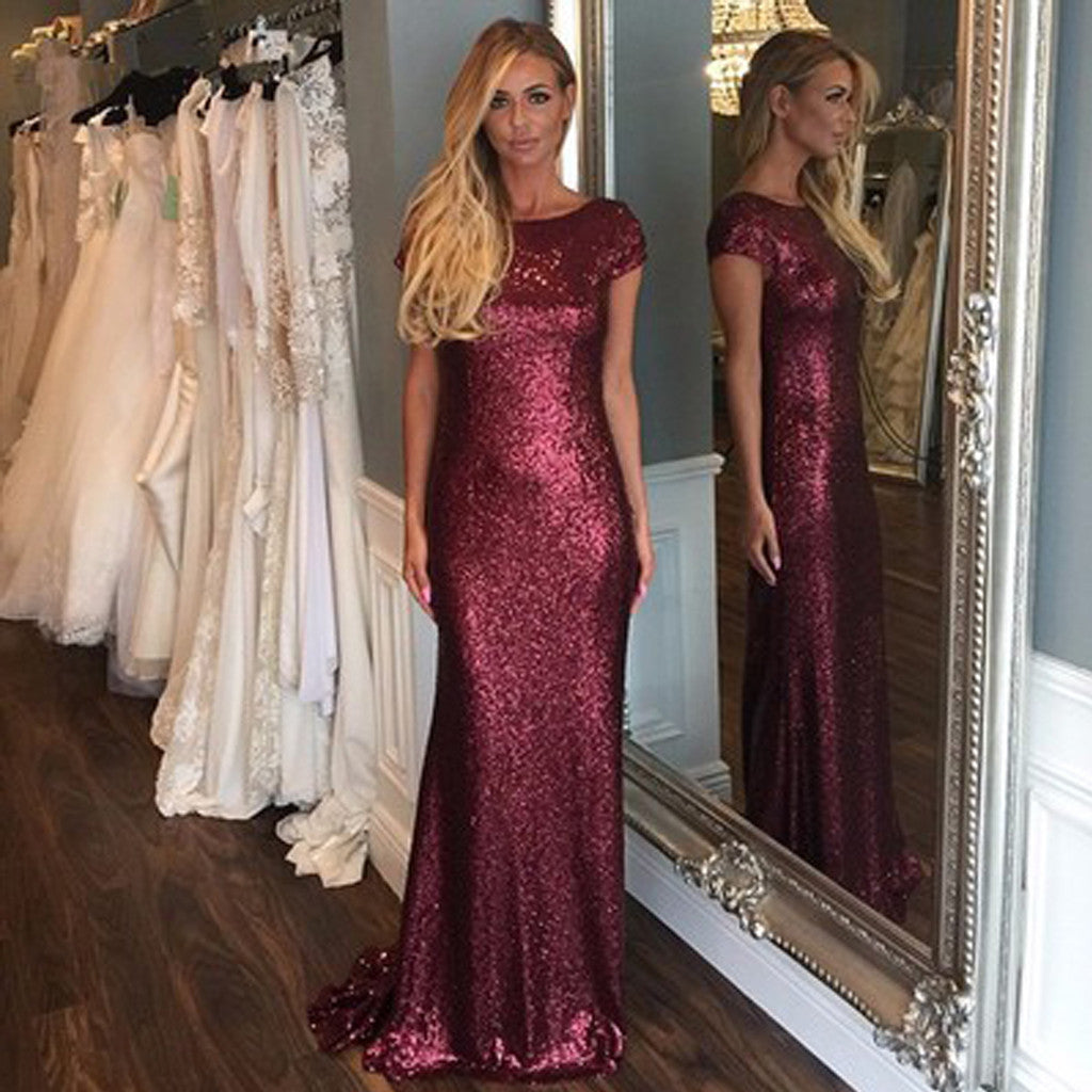 Short Sleeve Mermaid Women Sequin Long Bridesmaid Dresses, BG51378