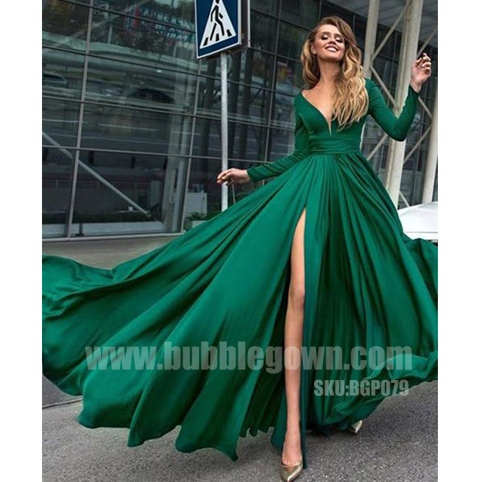 Simple Cheap Long Sleeves Side Split Elegant Formal Party Prom Dress, BGP079