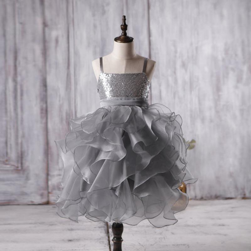 Dark Grey Sequin Organza Bustled Flower Tutu Dresses, Cheap Popular Flower Girl Dresses, FG053 - Wish Gown