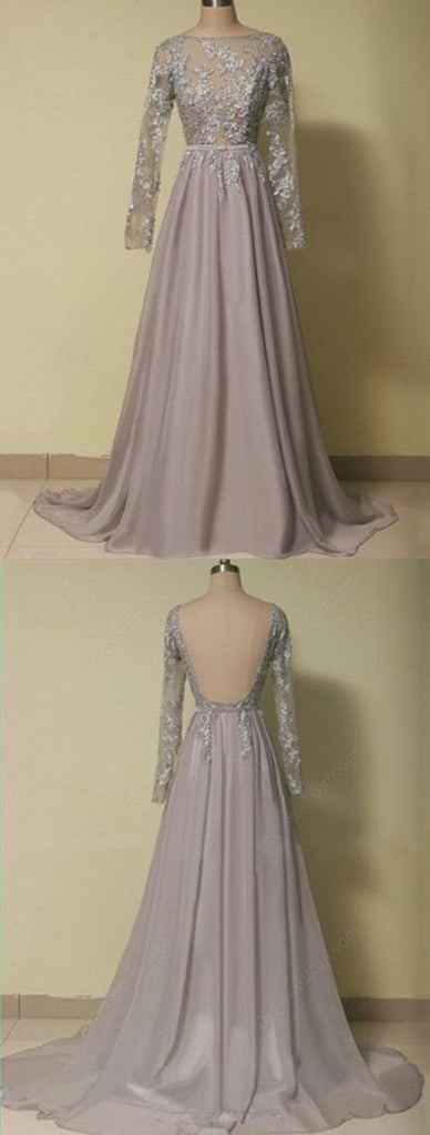 Grey Long Sleeves Applique Open Back Long Prom Dresses, BG51485 - Bubble Gown