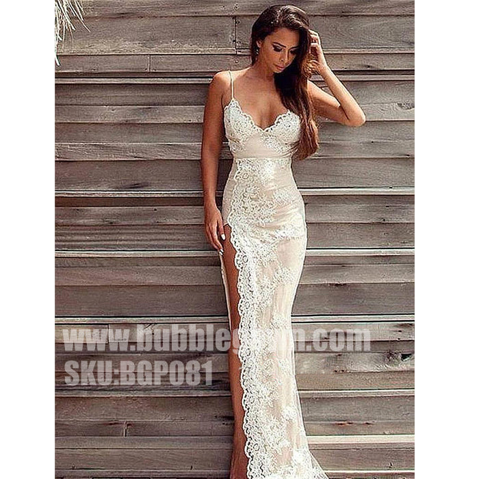 Sexy Mermaid Lace Spaghetti Strap Side Split Long Evening Prom Dress, BGP081