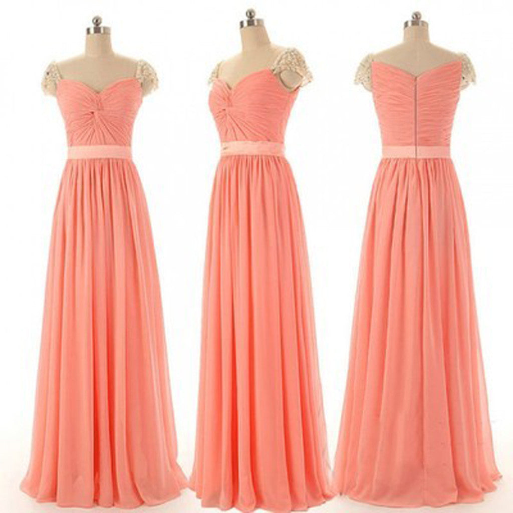 Beaded Cap Sleeve Sweet Heart Chiffon Long Bridesmaid Dresses, BG51052 - Bubble Gown