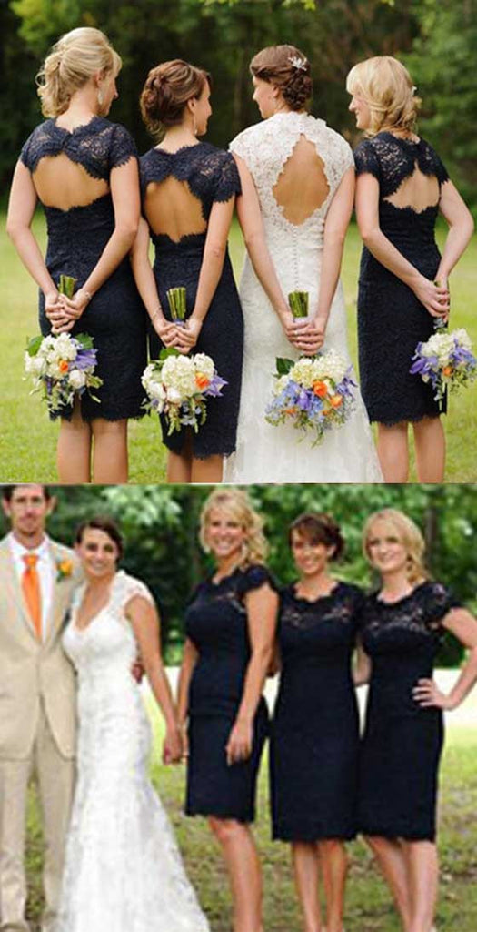 Elegant Lace Navy Blue Open Back Knee-Length Cap Sleeve Bridesmaid Dresses, BG51068 - Bubble Gown