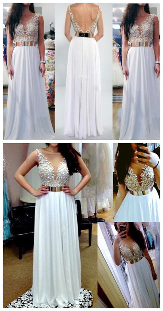 White V- Back Long Cheap Evening Party Long Prom Dresses, BG51230